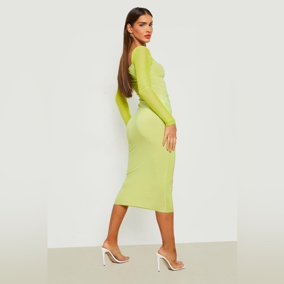 Boohoo Silky Mesh Sleeve Midaxi Women’s Dress Lime Size 10 - Picture 9 of 13